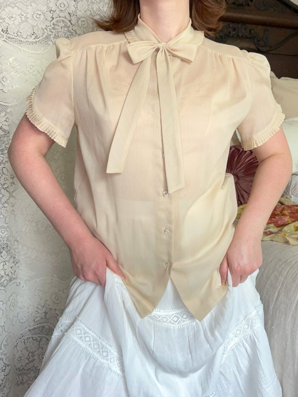 Vintage 70s Tan Bow Blouse, Puff Sleeve Ruffle Cuff, Semi-Sheer, Retro Academia